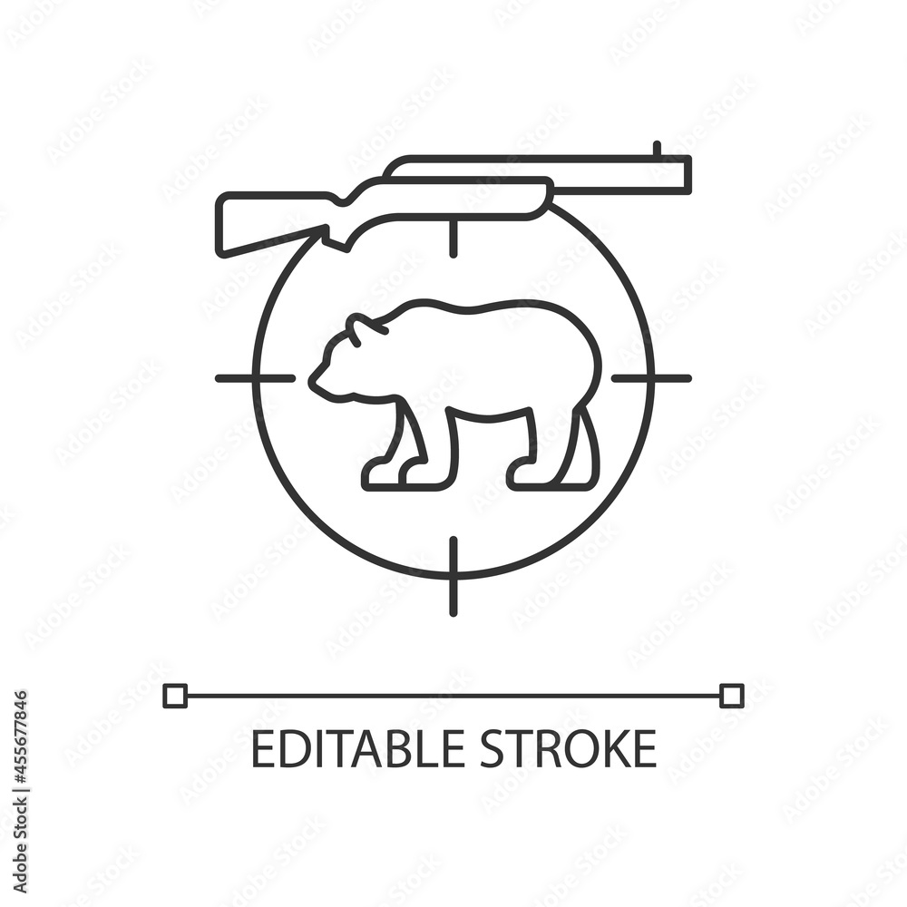 Obraz premium Big game hunting linear icon. Hunt large animals. African species hunting. Safari. Capture lion. Thin line customizable illustration. Contour symbol. Vector isolated outline drawing. Editable stroke