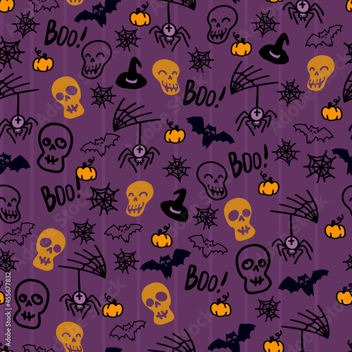 Halloween seamless pattern. Image of cute bats, pumpkins, shards and cobwebs. Vector illustration. On a purple striped background.Web