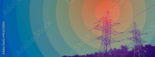 Vector contour silhouette. Substation, powerhouse. High-voltage line. Blue background, cover. Sky. Poles cable Background.