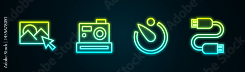 Set line Photo retouching, camera, Camera timer and USB cable cord. Glowing neon icon. Vector