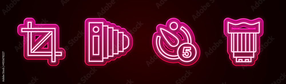 Set line Picture crop photo, Photo camera, Camera timer and lens. Glowing neon icon. Vector Set line Picture crop photo, Photo camera, Camera timer and lens. Glowing neon icon. Vector