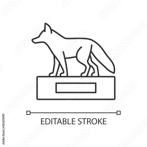Taxidermy linear icon. Preserving and stuffing wild dead animals. Animal body display. Thin line customizable illustration. Contour symbol. Vector isolated outline drawing. Editable stroke