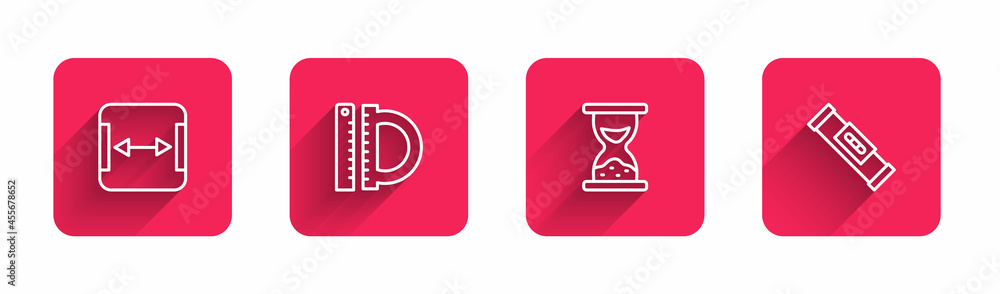 Set line Area measurement, Protractor and ruler, Old hourglass with sand and Construction bubble level with long shadow. Red square button. Vector Set line Area measurement, Protractor and ruler, Old hourglass with sand and Construction bubble level with long shadow. Red square button. Vector