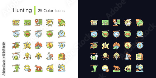 Hunting light and dark theme RGB color icons set. Wildlife animal and bird hunt. Pursue and capture prey. Isolated vector illustrations on white and black space. Simple filled line drawings pack