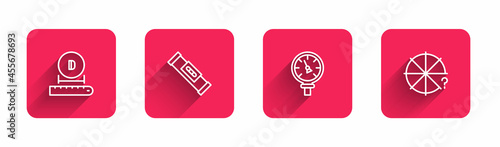 Set line Diameter, Construction bubble level, Pressure water and Circle of pieces with long shadow. Red square button. Vector
