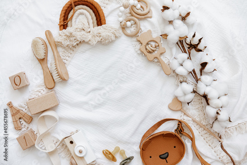 Still life background of cute newborn accessories on white background