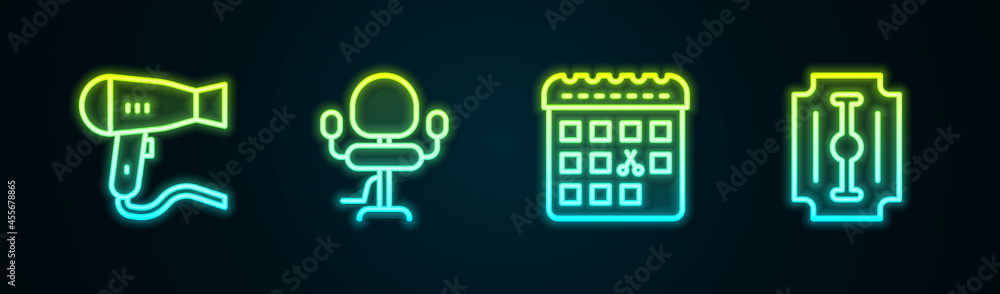 Set line Hair dryer, Barbershop chair, Calendar with haircut day and Blade razor. Glowing neon icon. Vector Set line Hair dryer, Barbershop chair, Calendar with haircut day and Blade razor. Glowing neon icon. Vector