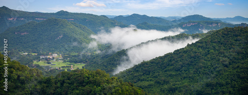 Panorama mountain view point on rainy season with white mist on the morning.