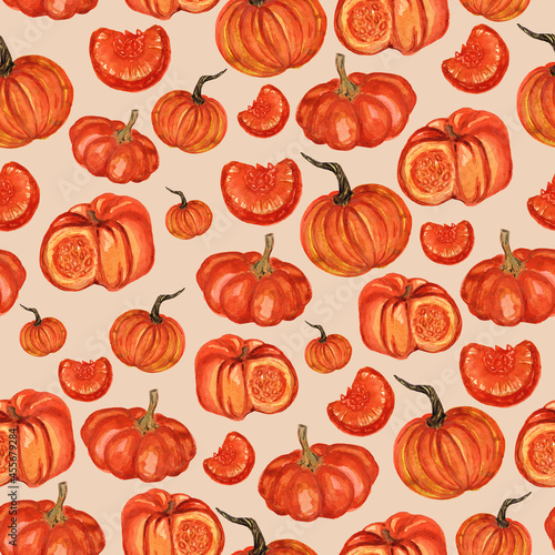 seamless pattern of pumpkins on beige background