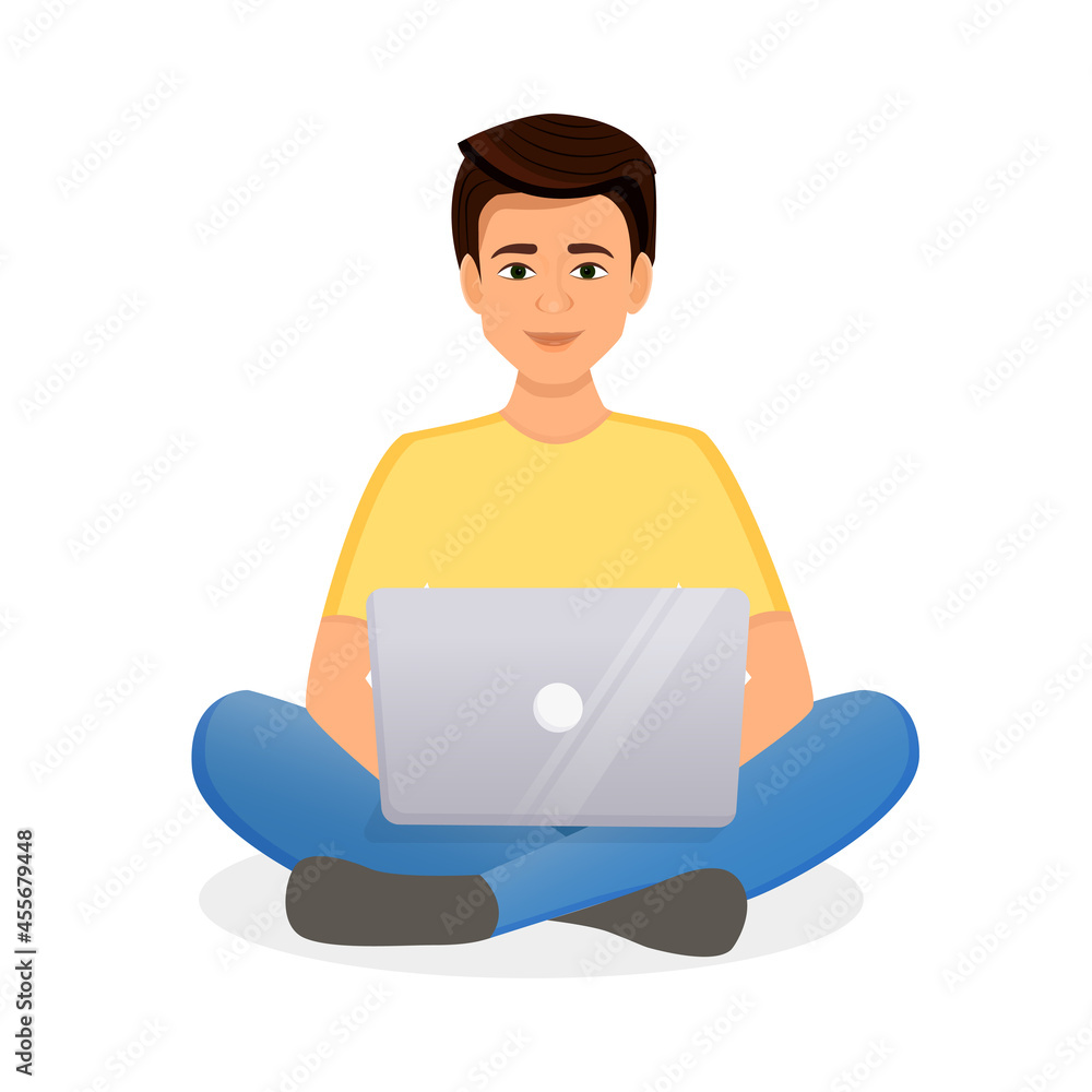 Man works at the laptop computer. Flat vector illustration of freelance, work at home, work, office, education. Remote work and communication in social networks. Cartoon style Man works at the laptop computer. Flat vector illustration of freelance, work at home, work, office, education. Remote work and communication in social networks. Cartoon style