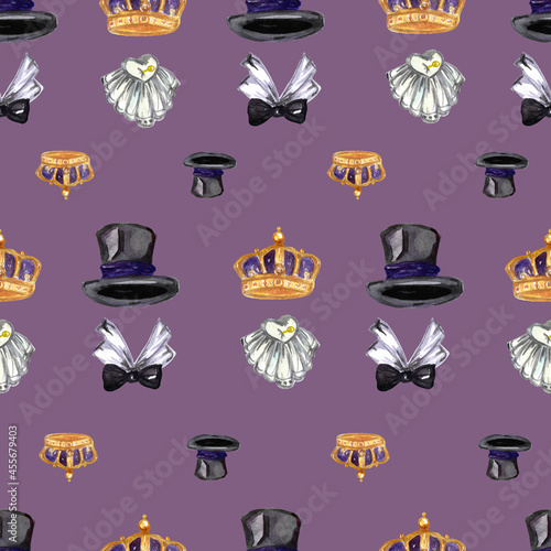 watercolor seamless pattern top hats and crowns on a lilac background photo