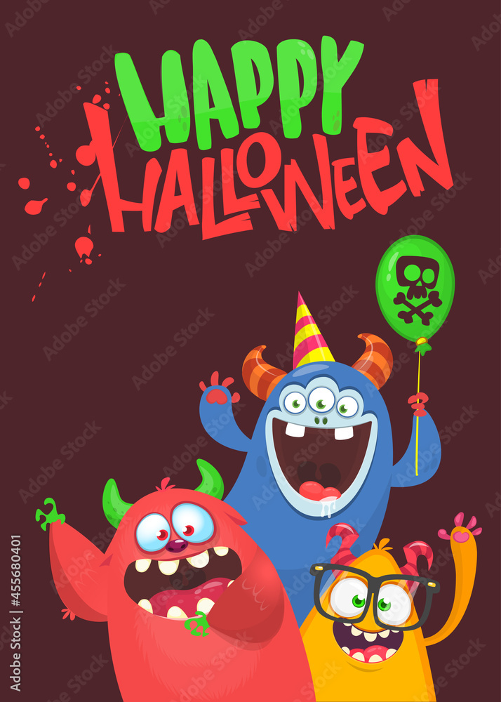 Сartoon monsters characters. Illustration of happy scary smiling alien creatures for Halloween party. Package, poster or greeting invitation design. Vector Сartoon monsters characters. Illustration of happy scary smiling alien creatures for Halloween party. Package, poster or greeting invitation design. Vector