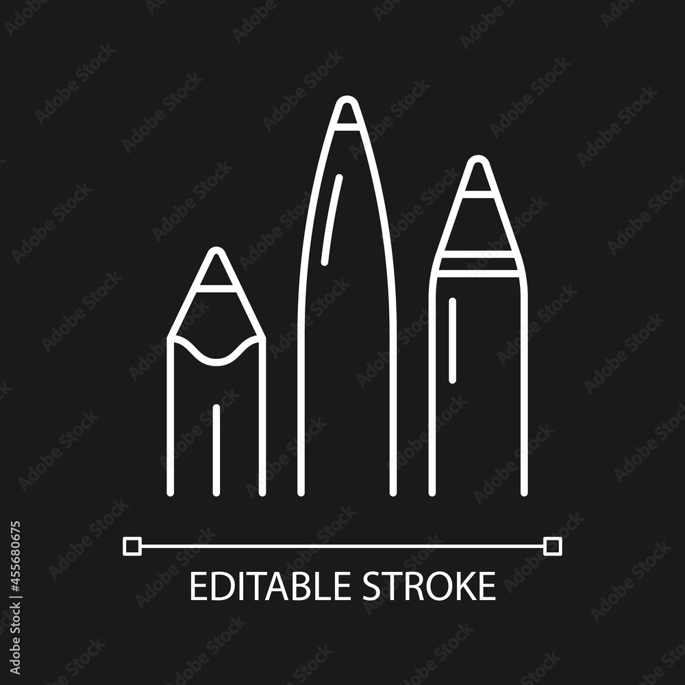 Pens and pencils white linear icon for dark theme. School supplies. Writing instrument. Thin line customizable illustration. Isolated vector contour symbol for night mode. Editable stroke