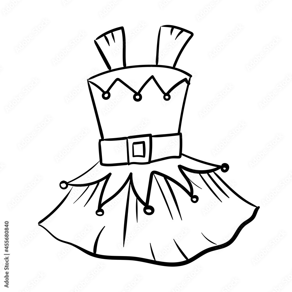 Christmas decor. Doodle style outfit for Santa's helper elves. Dress with bells. Vector illustration isolated on white background. Christmas decor. Doodle style outfit for Santa's helper elves. Dress with bells. Vector illustration isolated on white background.