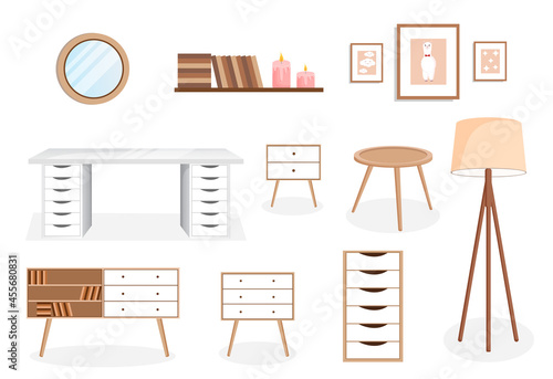 Set of furniture for the bedroom, hallway, living room, office. Collection of items for the interior of an apartment, office, home. Vector illustration in flat cartoon style. Housing elements.