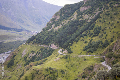 Green mountain landscape and view in Georgia. road in Dariali gorge. photo