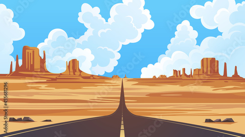Monument Valley Navajo Tribal Park, vector illustration. Desert landscape with road going far away into the horizon.  © NMacTavish