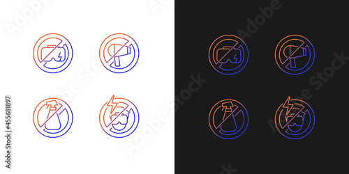 VR device gradient manual label icons set for dark and light mode. Thin line contour symbols bundle. Isolated vector outline illustrations collection on black and white for product use instructions