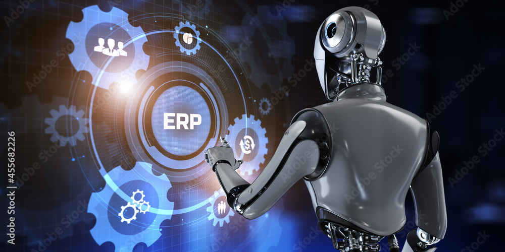 ERP Enterprise resources planning. Robot pressing button on screen 3d render.