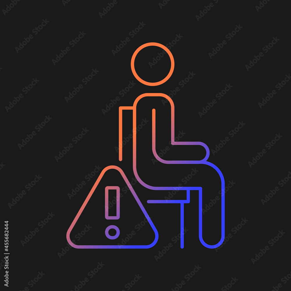 Remain seated gradient vector manual label icon for dark theme. Standing causes injuries. Thin line color symbol. Modern style pictogram. Vector isolated outline drawing for product use instructions Remain seated gradient vector manual label icon for dark theme. Standing causes injuries. Thin line color symbol. Modern style pictogram. Vector isolated outline drawing for product use instructions