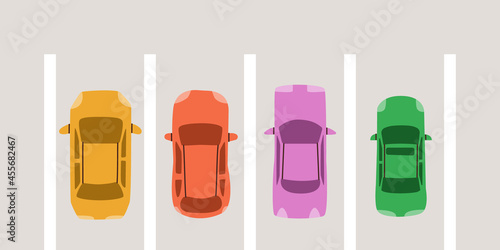 Car parking top view. Multicolored cute vehicle. Vector elements for design.