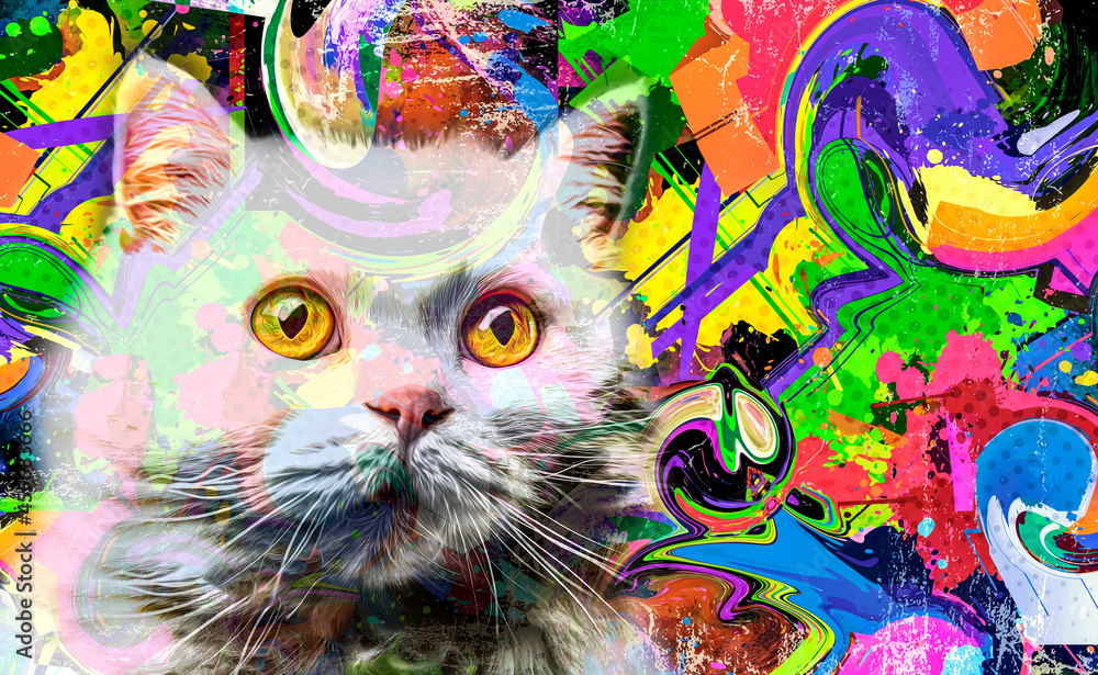 cat head with eyeglasses and creative abstract elements on colorful background