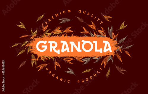 Granola logo vector template. Organic product premium quality. Healthy food logotype. Lettering composition with spikelets. Handwritten calligraphy.