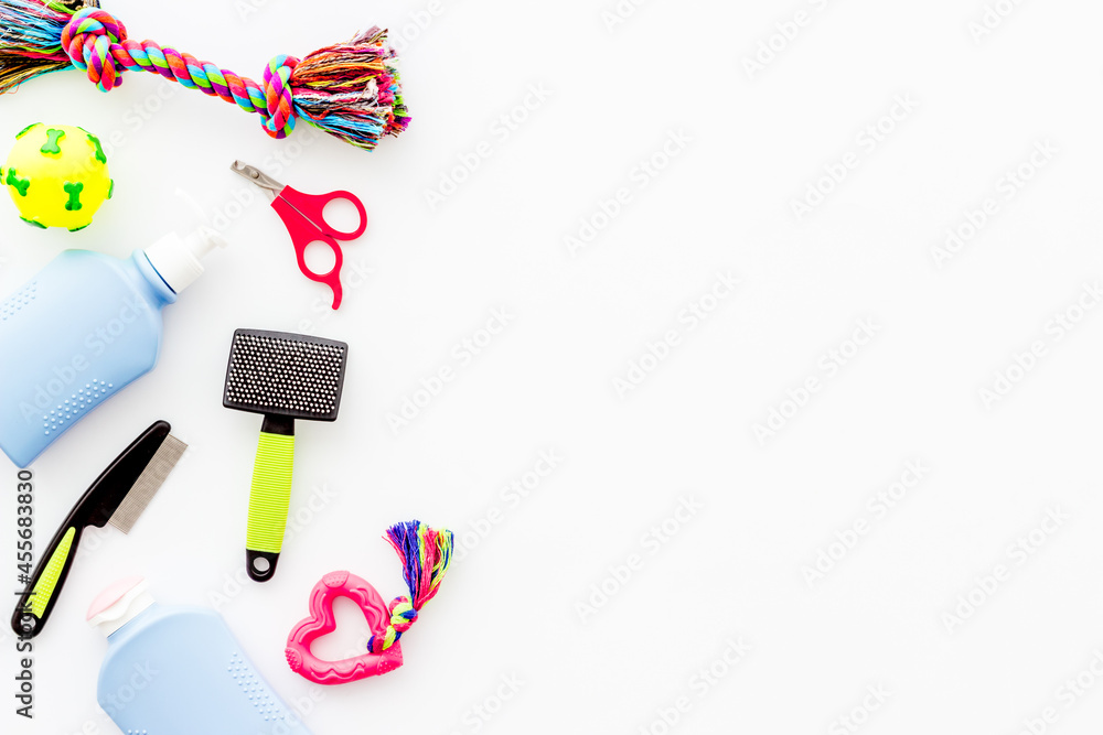 Fototapeta premium Pet care set with grooming tools and toys for dogs, top view
