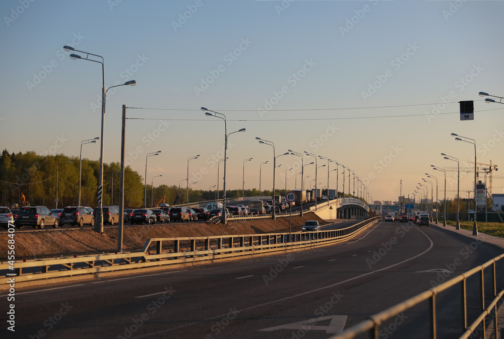 Traffic jam, a large group of cars on Friday night on the way to the cottage. Moscow