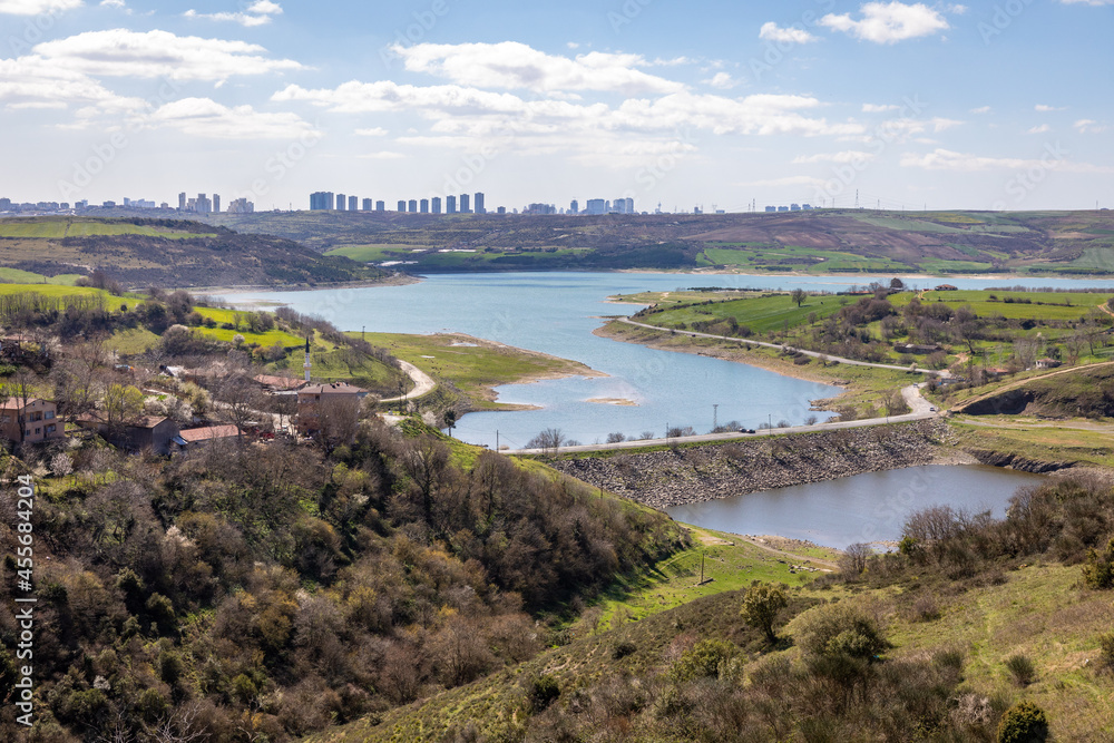 The view of Sazlibosna Village and Sazlibosna Dam surrounding, located in the middle of the Istanbul Canal route before the project start in Istanbul, Turkey.