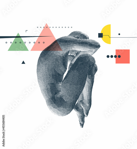 Full length view of sad stressed man sitting with hands on knees. Time for reflection. Man thinks about a problem. Despair, depression, hopelessness or addiction concept. 3D vector illustration.