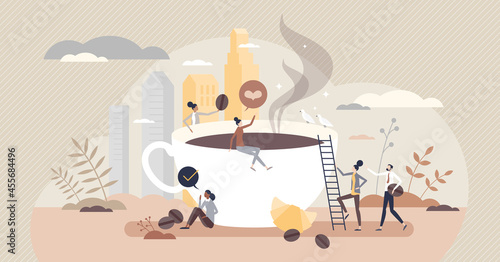 Tableau sur toile Coffee break and pause from work with hot cafe drink tiny person concept