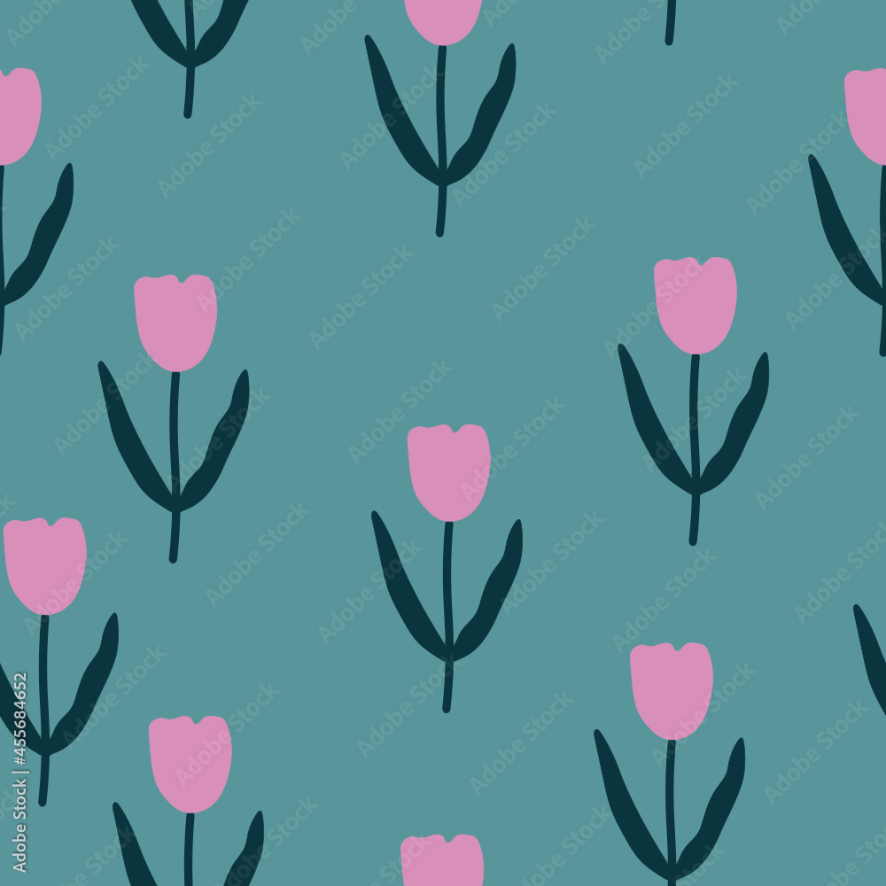 Seamless tulip pattern on a green background. Tulip pattern.
