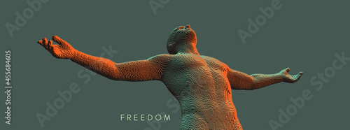 Man spread his arms in different directions. Men enjoying the freedom. Victory. Voxel art. 3D vector illustration.