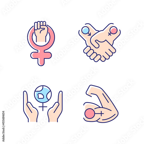 Girl power RGB color icons set. Leadership in movement. Equitable relationships. Feminism support. Mentally strong women. Isolated vector illustrations. Simple filled line drawings collection