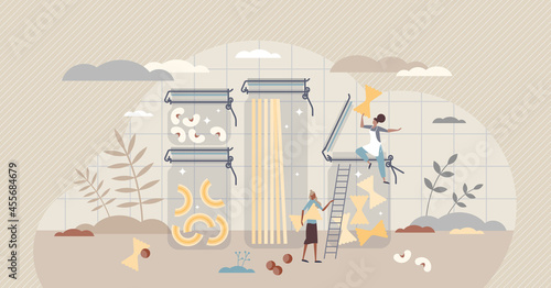 Food storage and glass jars for groceries and fresh food tiny person concept. Kitchen containers and boxes for longer product preservation vector illustration. Reused sealed pasta and nuts compartment