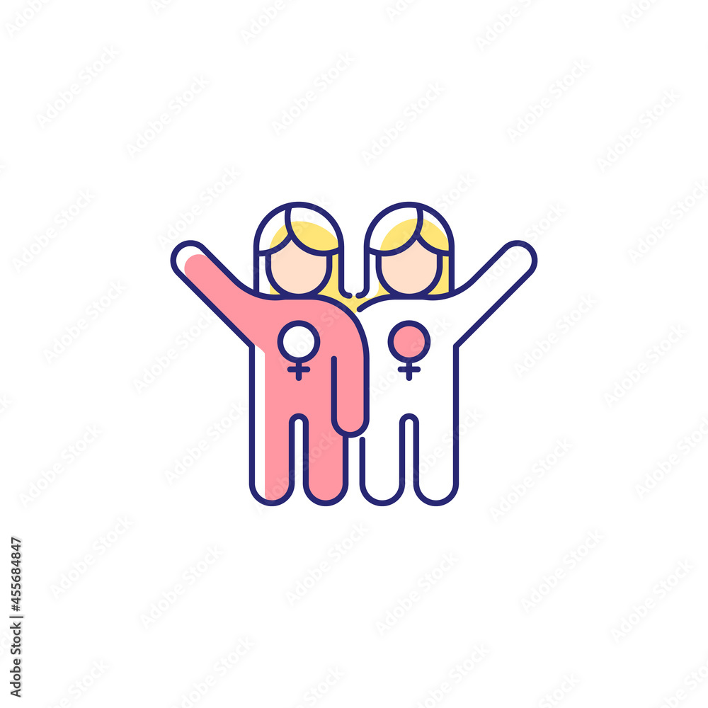 Female friendship RGB color icon. Sisterhood. Girl power. Like minded women cooperation. Non-romantic relationships. Supporting each other. Isolated vector illustration. Simple filled line drawing Female friendship RGB color icon. Sisterhood. Girl power. Like minded women cooperation. Non-romantic relationships. Supporting each other. Isolated vector illustration. Simple filled line drawing