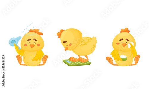 Little Yellow Chick Drying with Hair Blower and Applying Cream on Face Vector Set