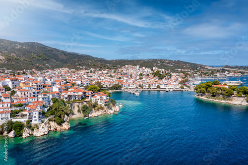 Aerial view to the idyllic town of Skiathos island, Sporades, Greece, during summer time