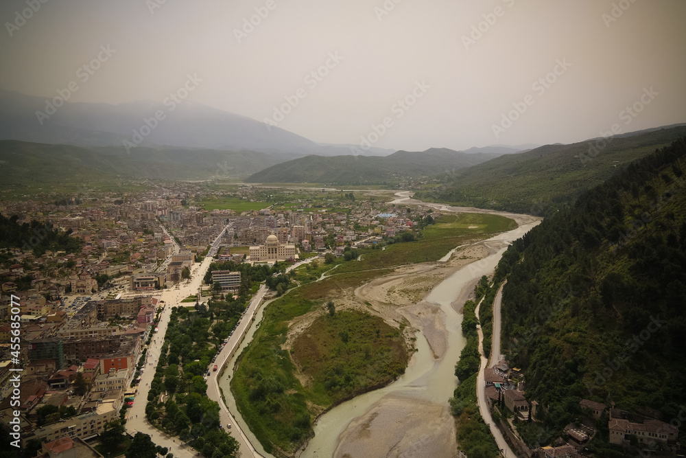 Panoramic aerial view to Berat old town and Osum river from Berat Castle , Albania