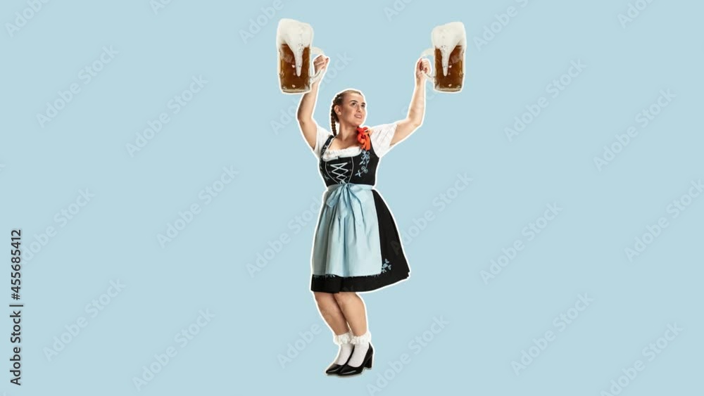custom made wallpaper toronto digitalStop motion design or art animation. The young happy sexy woman wearing a Bavarian dirndl with lot of beer mugs over color traditional background. The celebration, oktoberfest, festival, party concept