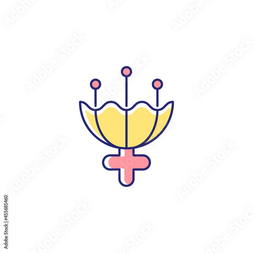 Gender symbol for female RGB color icon. Triple moon sign. Flower symbolism. Representing purity and virginity. Femininity attribute. Isolated vector illustration. Simple filled line drawing