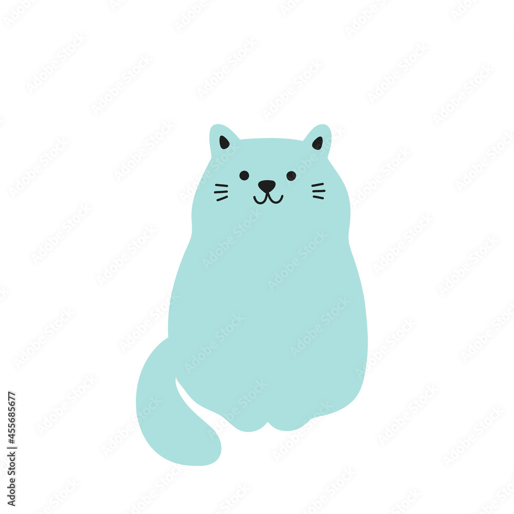 Fototapeta premium Funny blue cat sitting. Adorable sweet kitty pet. Flat vector illustration isolated on white background.