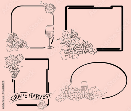 decorative frames with grape and wine glass - vector elements for grape harvest event