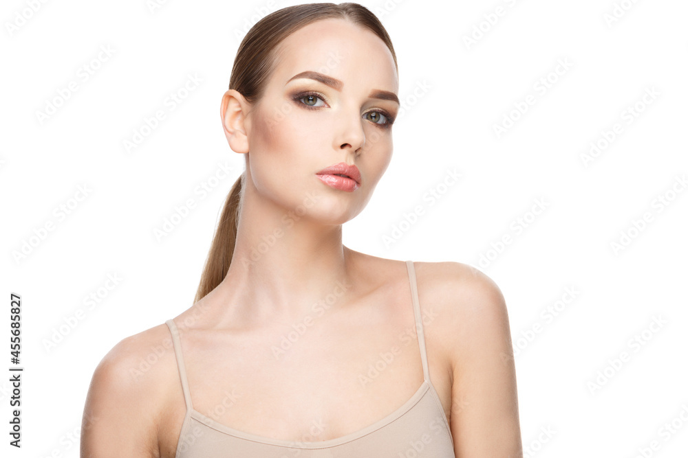Beautiful Young Woman with Clean Fresh Skin isolated on white background Beautiful Young Woman with Clean Fresh Skin isolated on white background