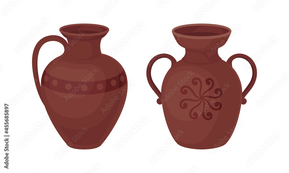 Clay Kitchenware and Ceramic Vessel with Tall Vase with Narrow Neck Vector Set