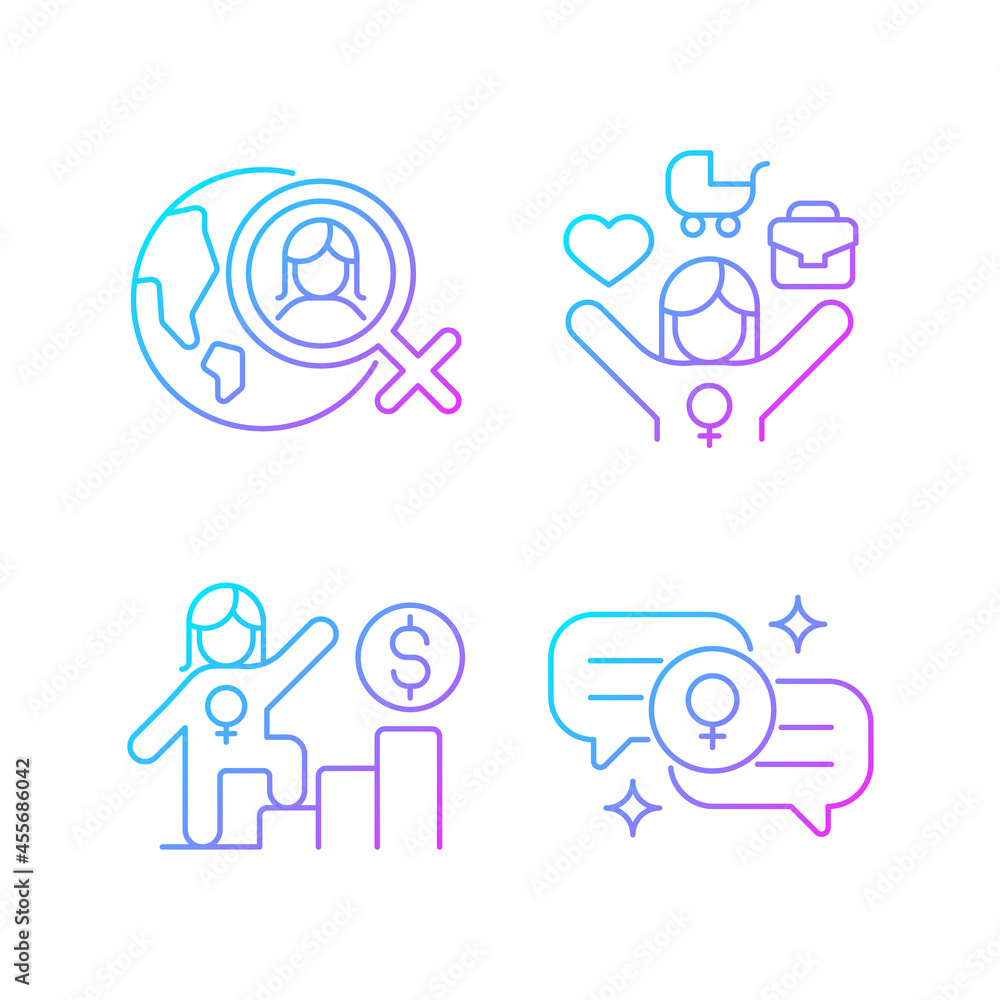 Mainstream feminism gradient linear vector icons set. Women rights movement across globe. Full-time working mom. Thin line contour symbols bundle. Isolated outline illustrations collection