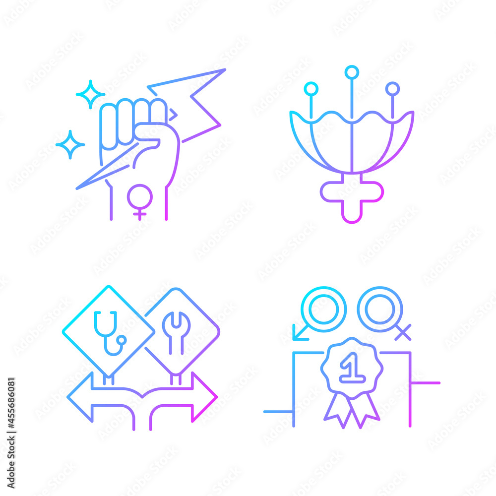 Women empowerment gradient linear vector icons set. Female authority. Femininity attribute. Career option for girls. Thin line contour symbols bundle. Isolated outline illustrations collection