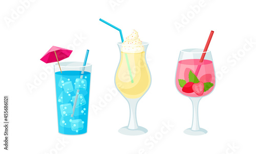 Bright Exotic Cocktail in Glass as Tropical Refreshing Drink Vector Set