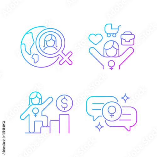 Mainstream feminism gradient linear vector icons set. Women rights movement across globe. Full-time working mom. Thin line contour symbols bundle. Isolated outline illustrations collection